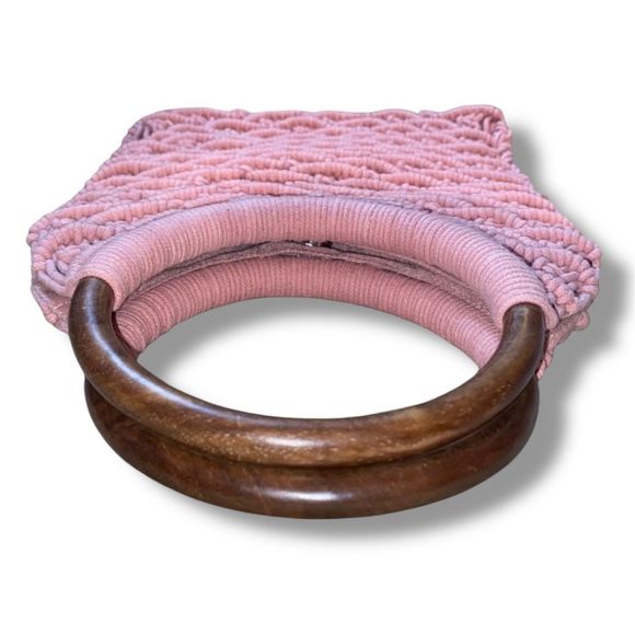 Sigrid Olsen Handmade Macrame Handbag Bamboo Handles Cotton Boho Hippie Peach/Pi - Picture 9 of 9